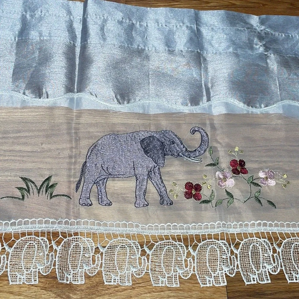 NEW 3 pc. Grace Embroidery Curtains Set: 2 Tiers & Swag, ELEPHANTS w FLOWERS